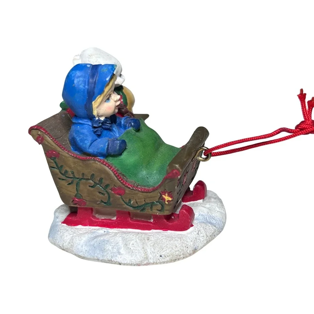 Vtg Christmas Village Figurines Kids Winter Sledding Bench Trees Signs Imperfect
